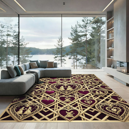 Ornate Gold Heart Lattice Crimson Rug