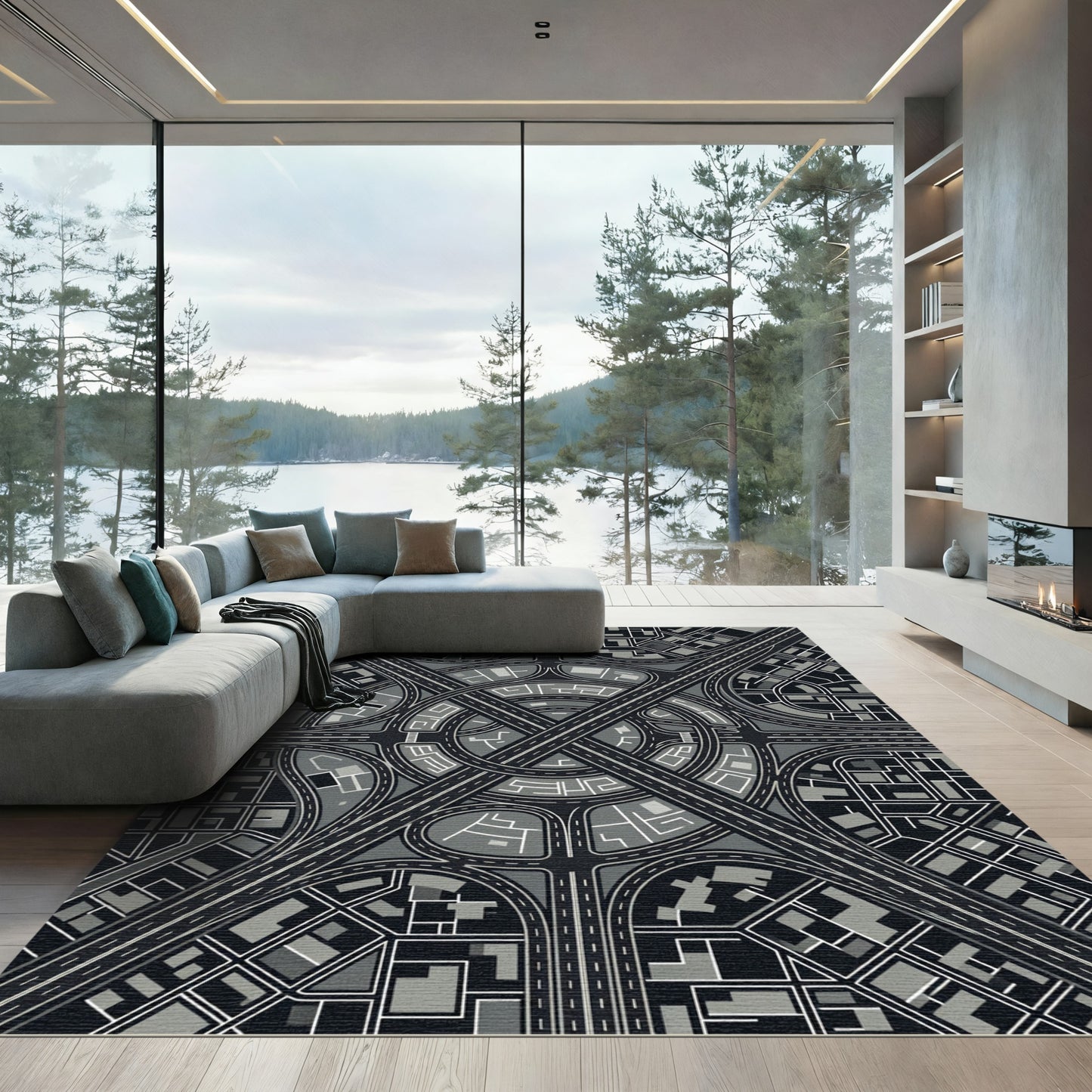 Monochromatic Cityscape Highway Interchange Rug