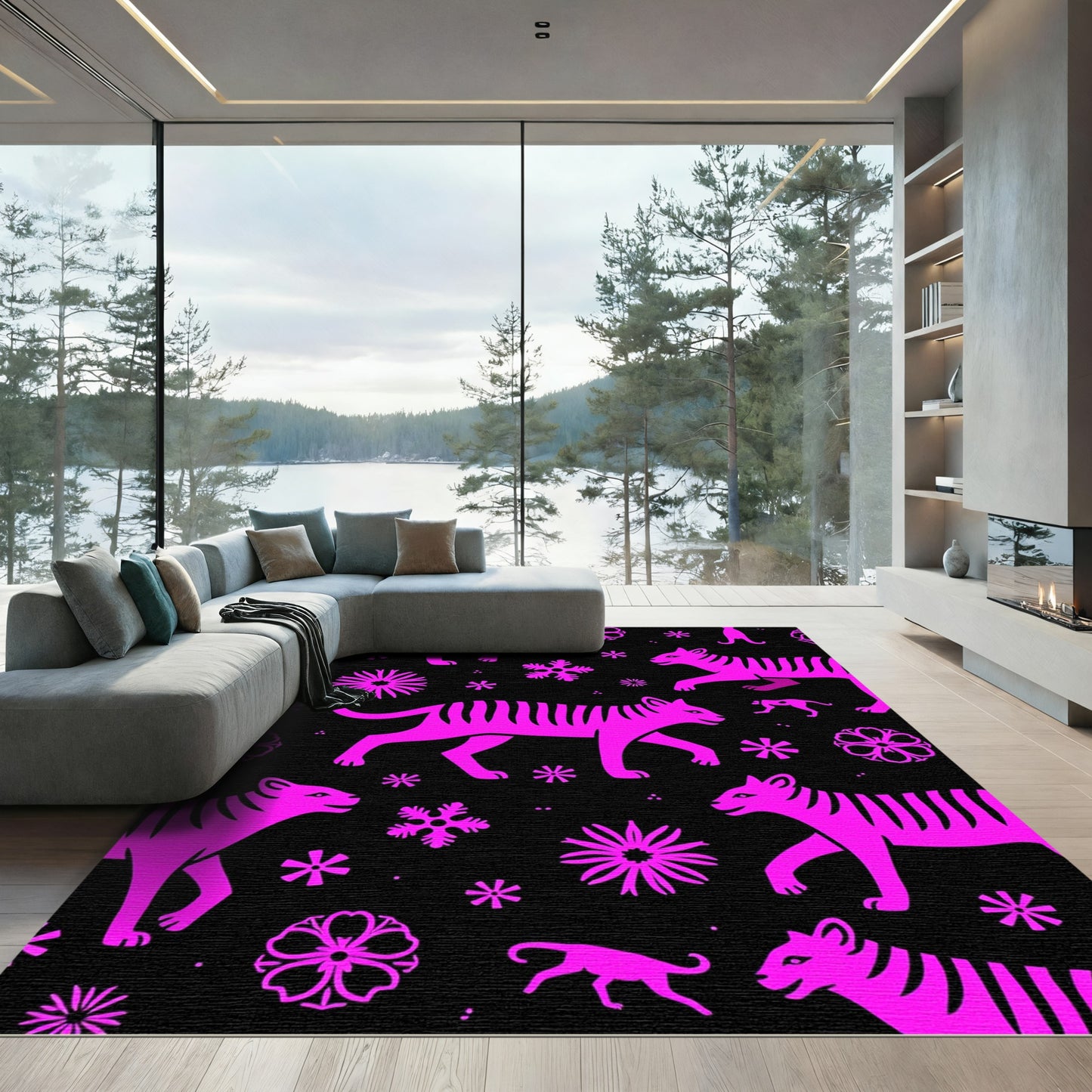 Bold Pink Tiger Floral Snowflake Repeat Rug