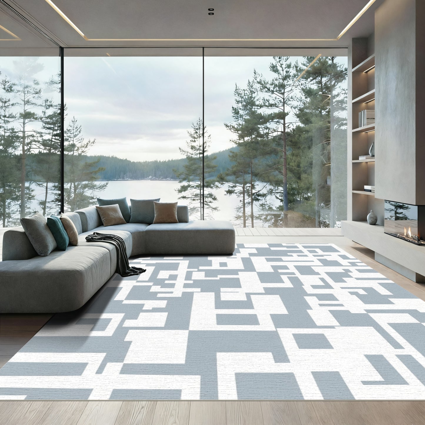Gray White Geometric Interlock Rug