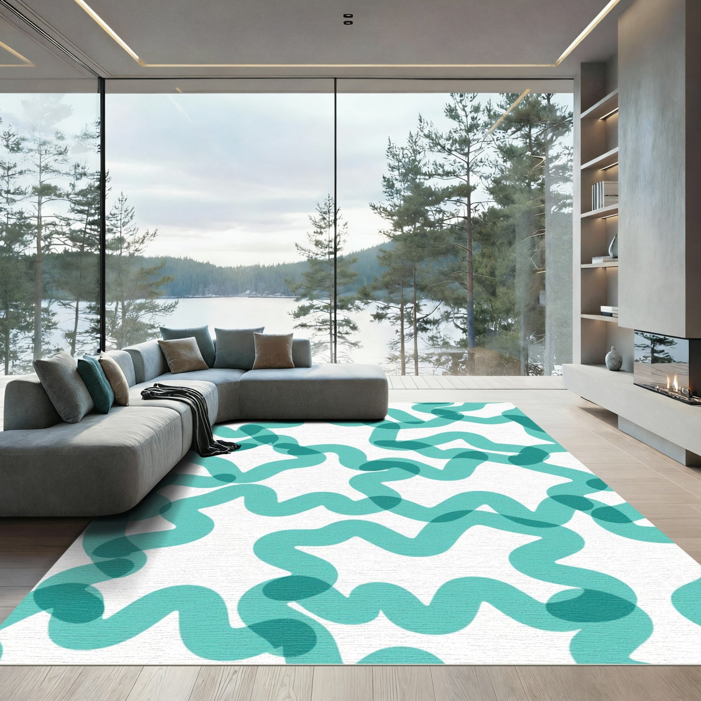 Teal Wavy Lines Overlapping Texture Rug