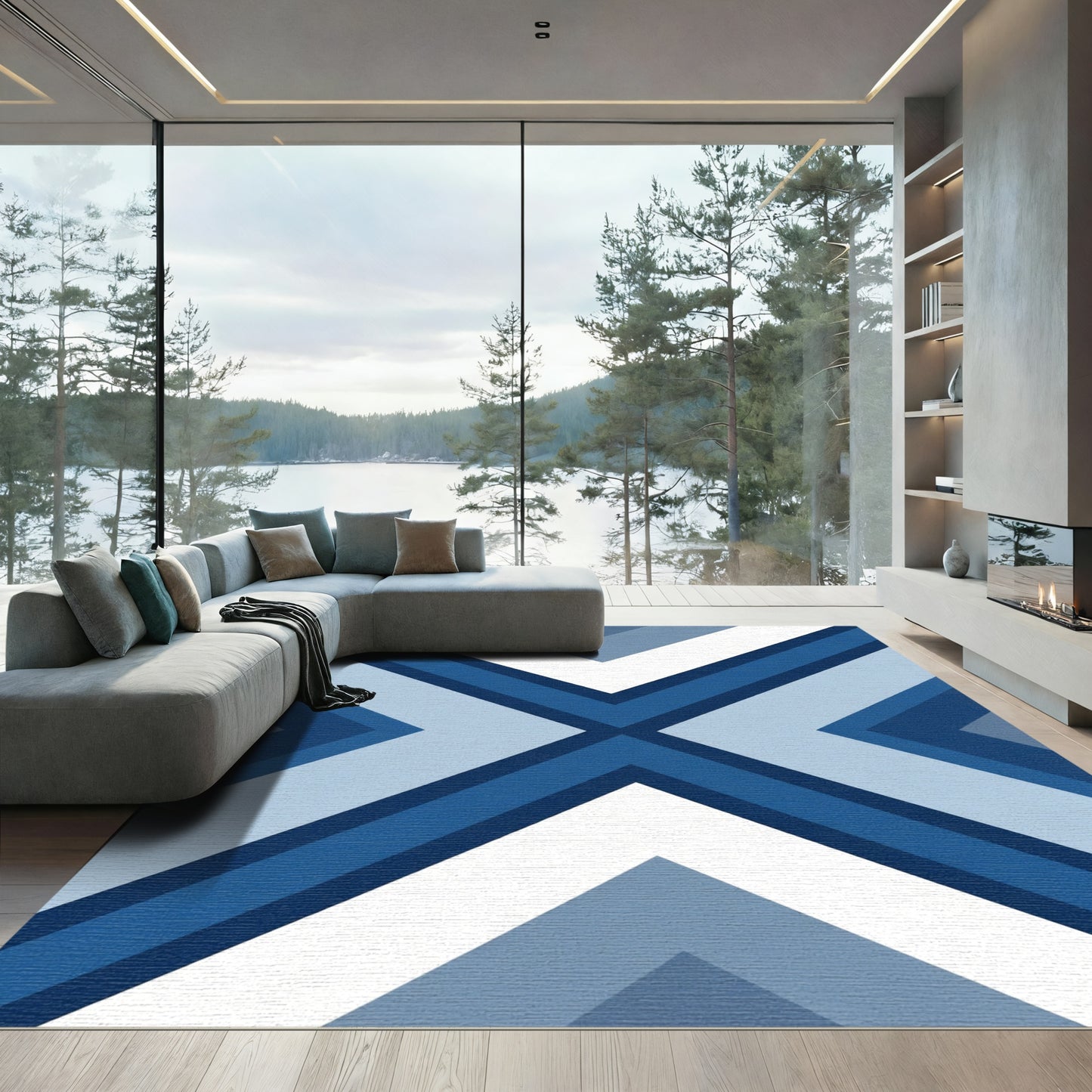 Cool Blue Geometric Chevron Rug