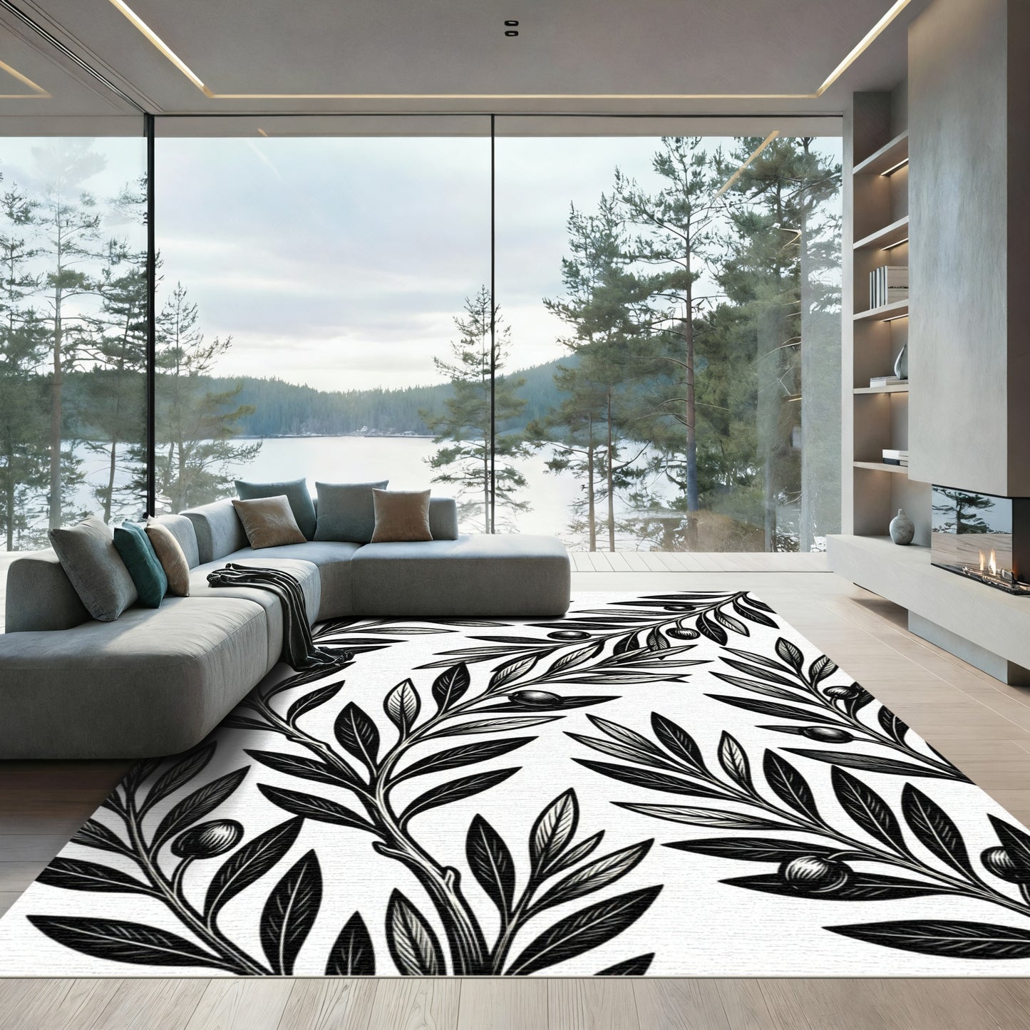 Monochromatic Black Olive Branch Medley Rug