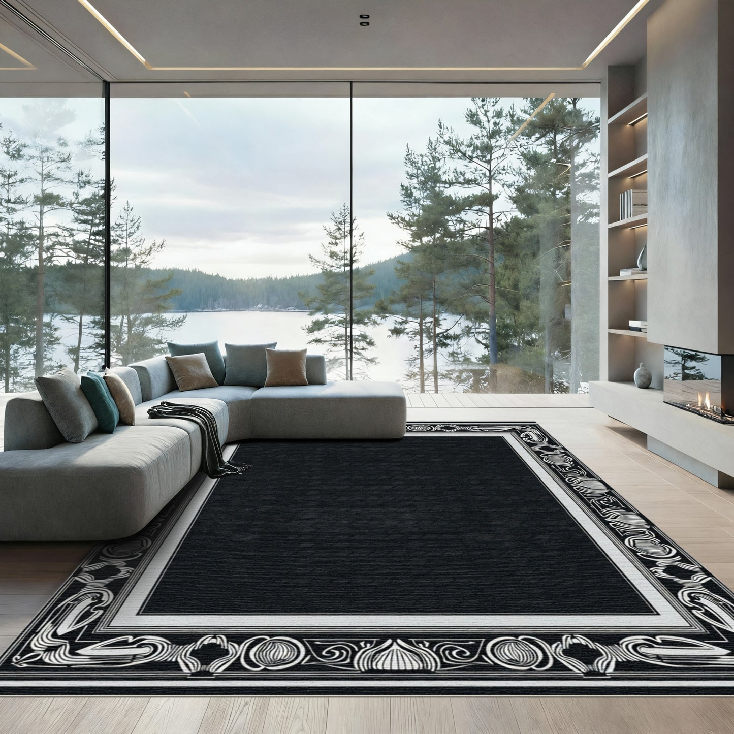 Black White Art Nouveau Botanical Frame Rug