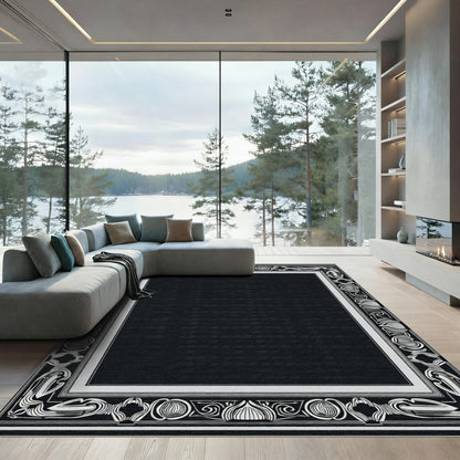 Black White Art Nouveau Botanical Frame Rug