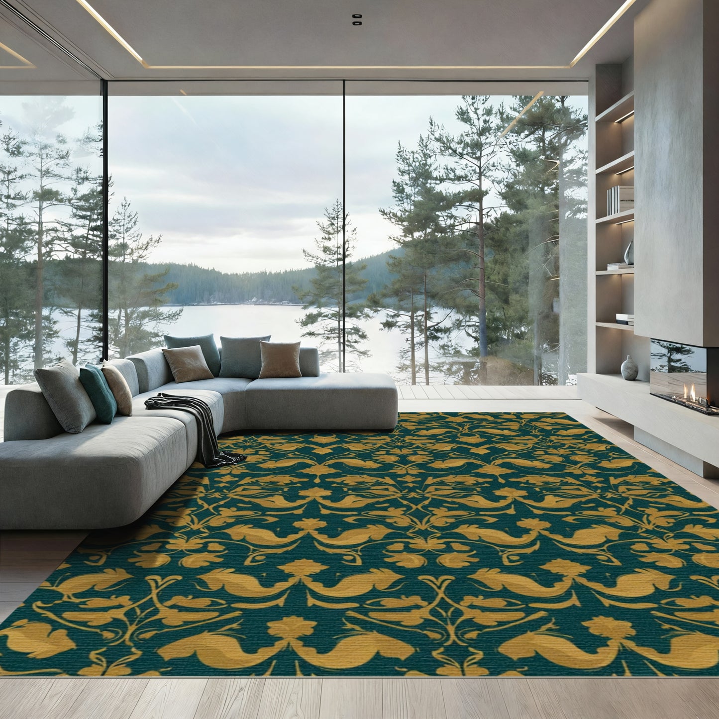 Deep Teal Gold Leaf Damask Rug
