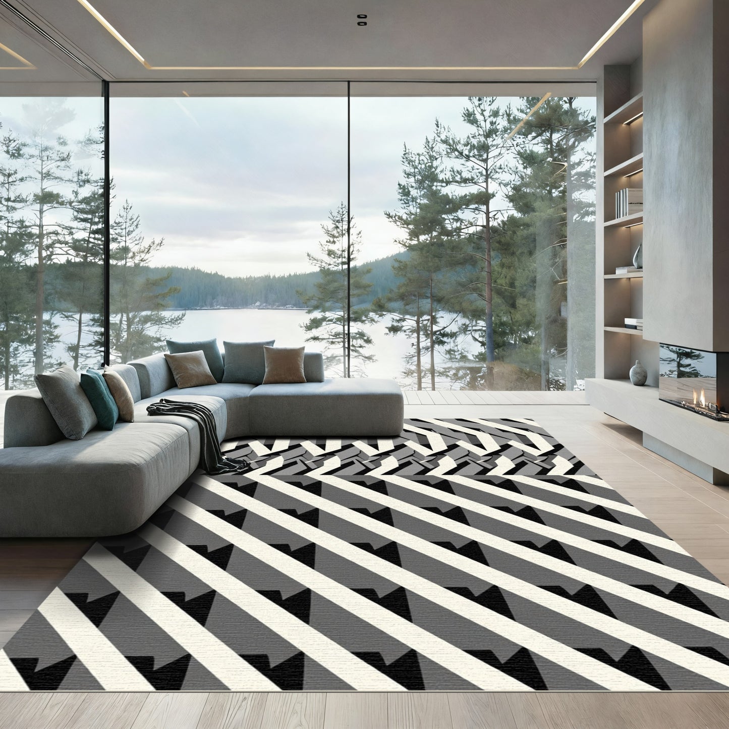 Monochrome Abstract Geometric Stripe Rug