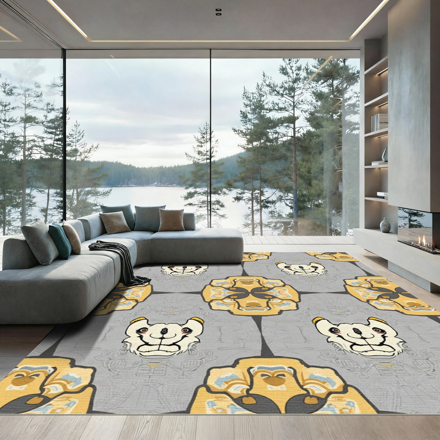 Gold Cream Bear Face Medallion Rug