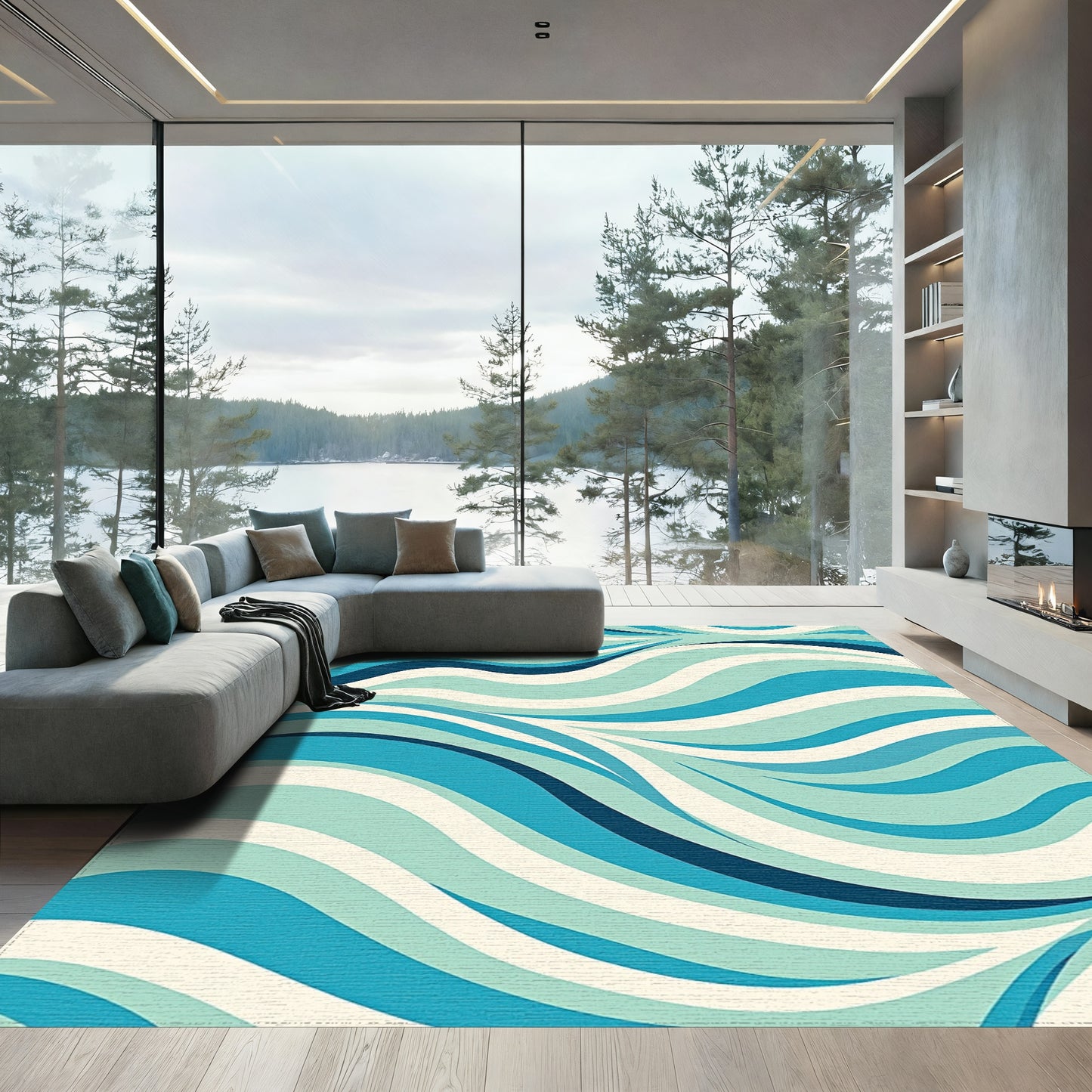 Teal Navy Abstract Wave Rug