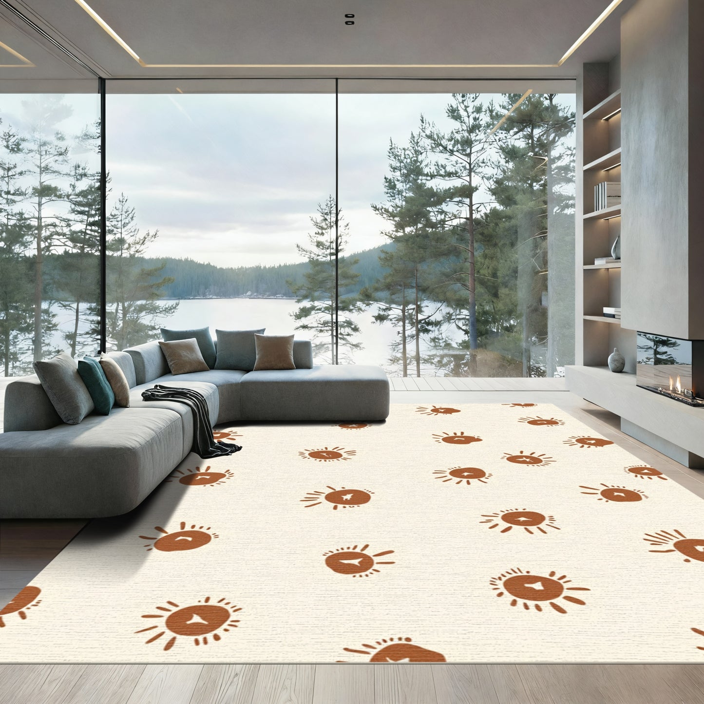 Rust Sunburst Scattered Contemporary Rug