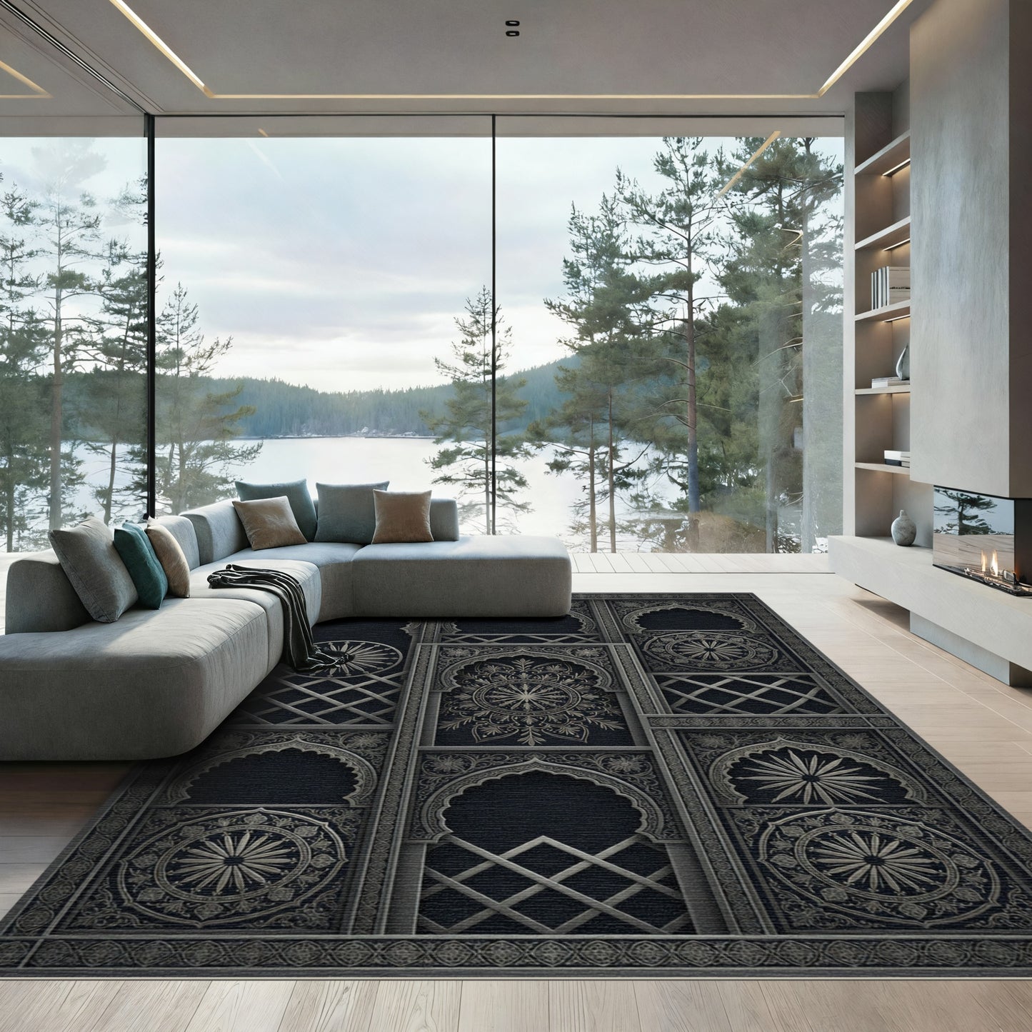 Ornate Silver Arched Medallion Composition Rug