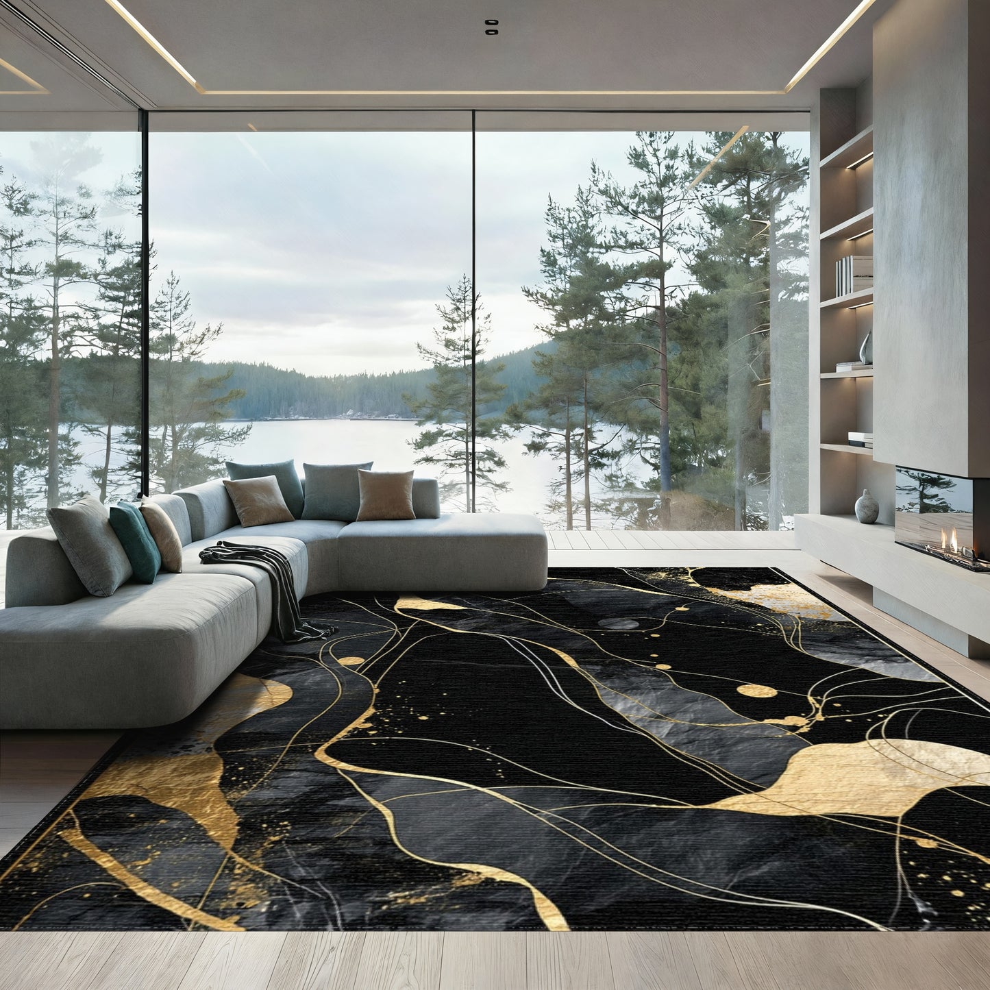 Black Gold Fluid Abstract Rug
