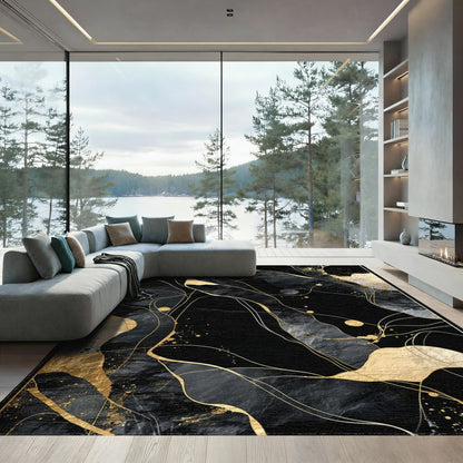 Black Gold Fluid Abstract Rug