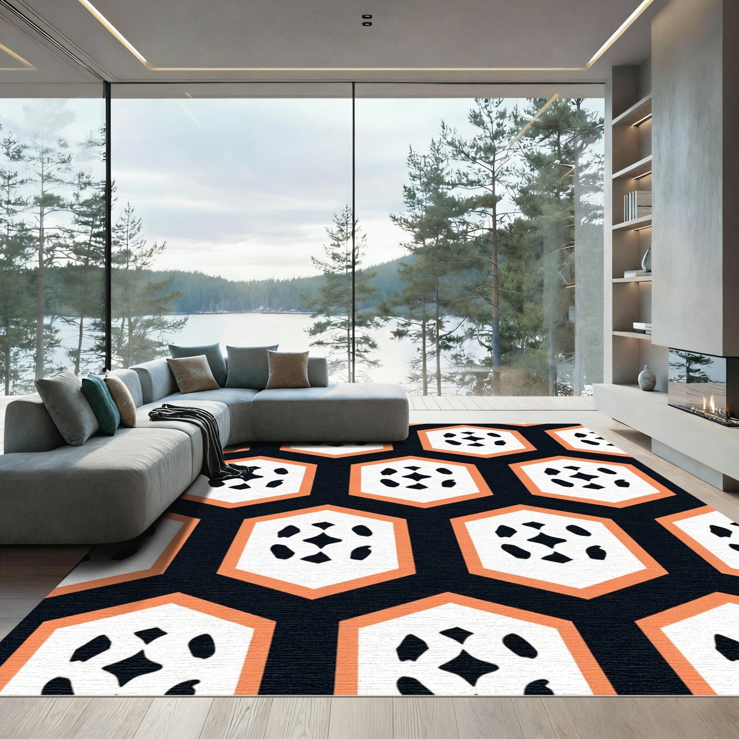 Coral Hexagon Abstract Dots Rug