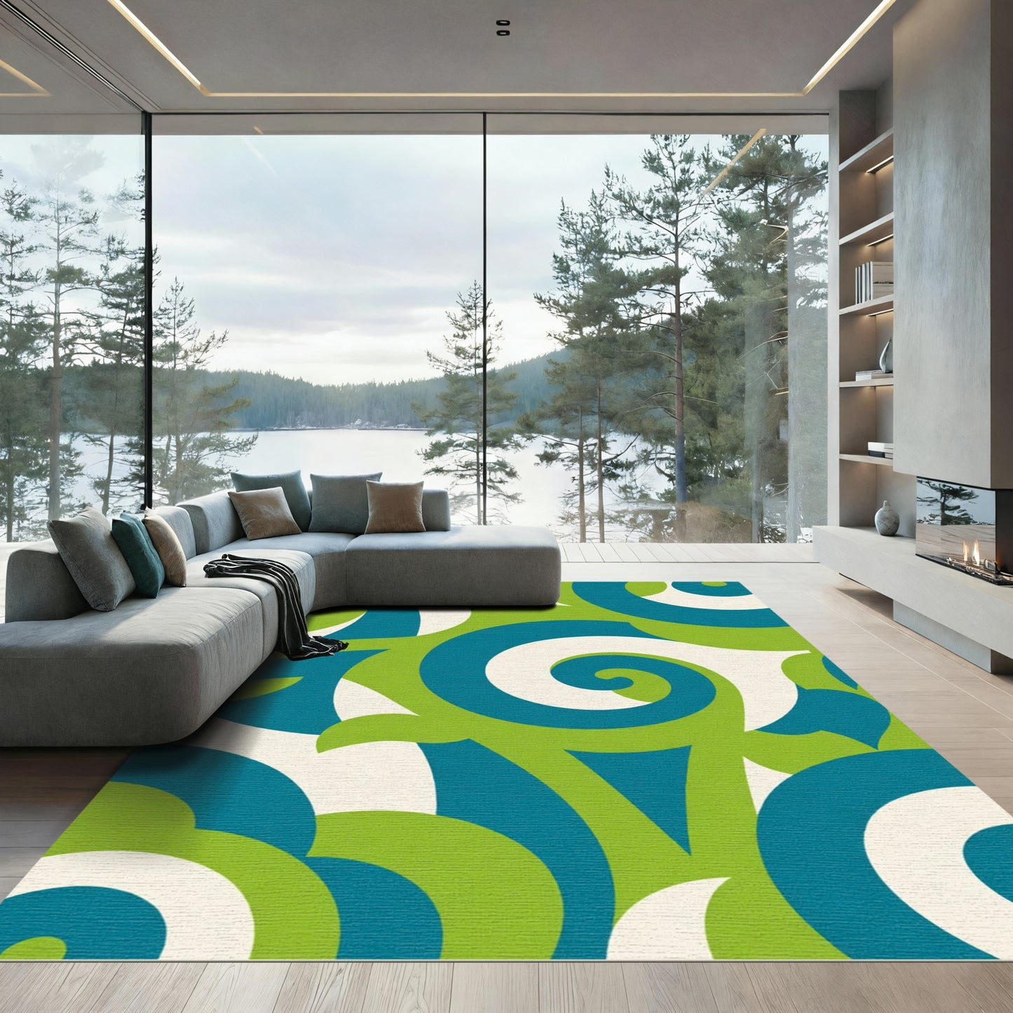 Groovy Teal Swirls Cream Green Rug