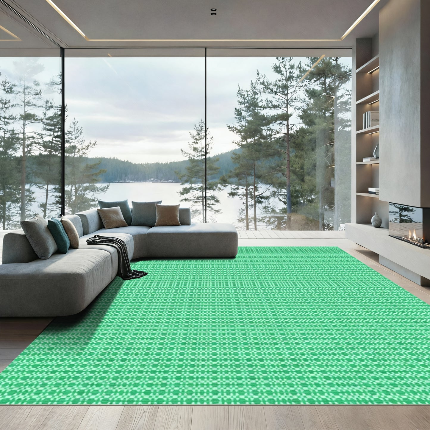 Bright Green Geometric Lattice Rug