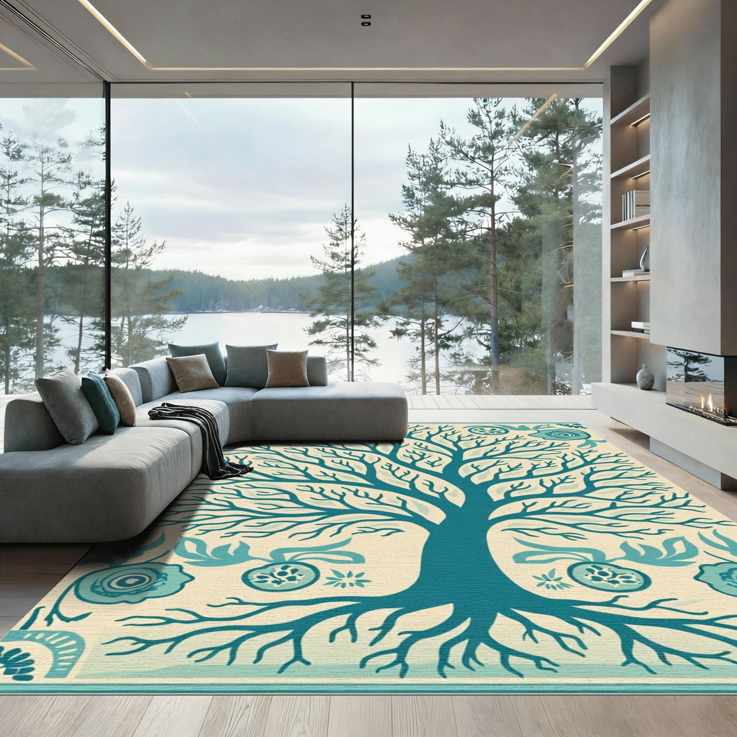 Teal Tree of Life Folk Art Rug