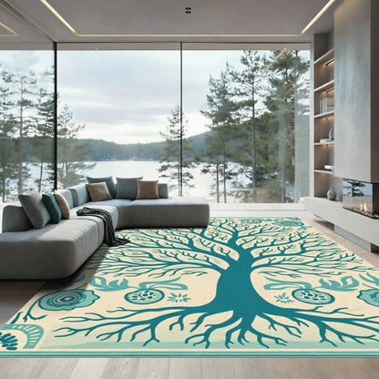 Teal Tree of Life Folk Art Rug