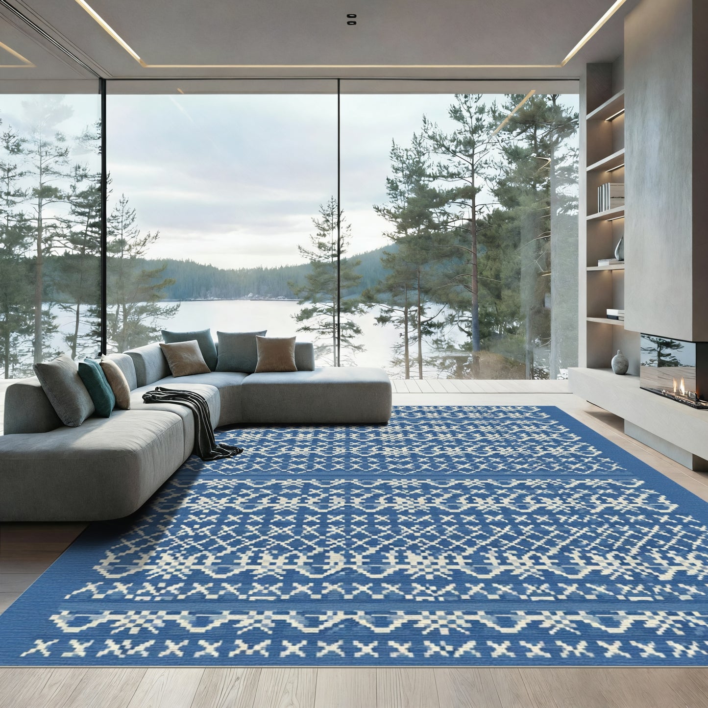Navy Cream Geometric Stripe Rug