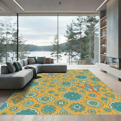 Ornate Teal Floral Medallion Yellow Rug