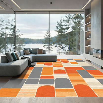Orange Gray Geometric Blocks Arc Rug