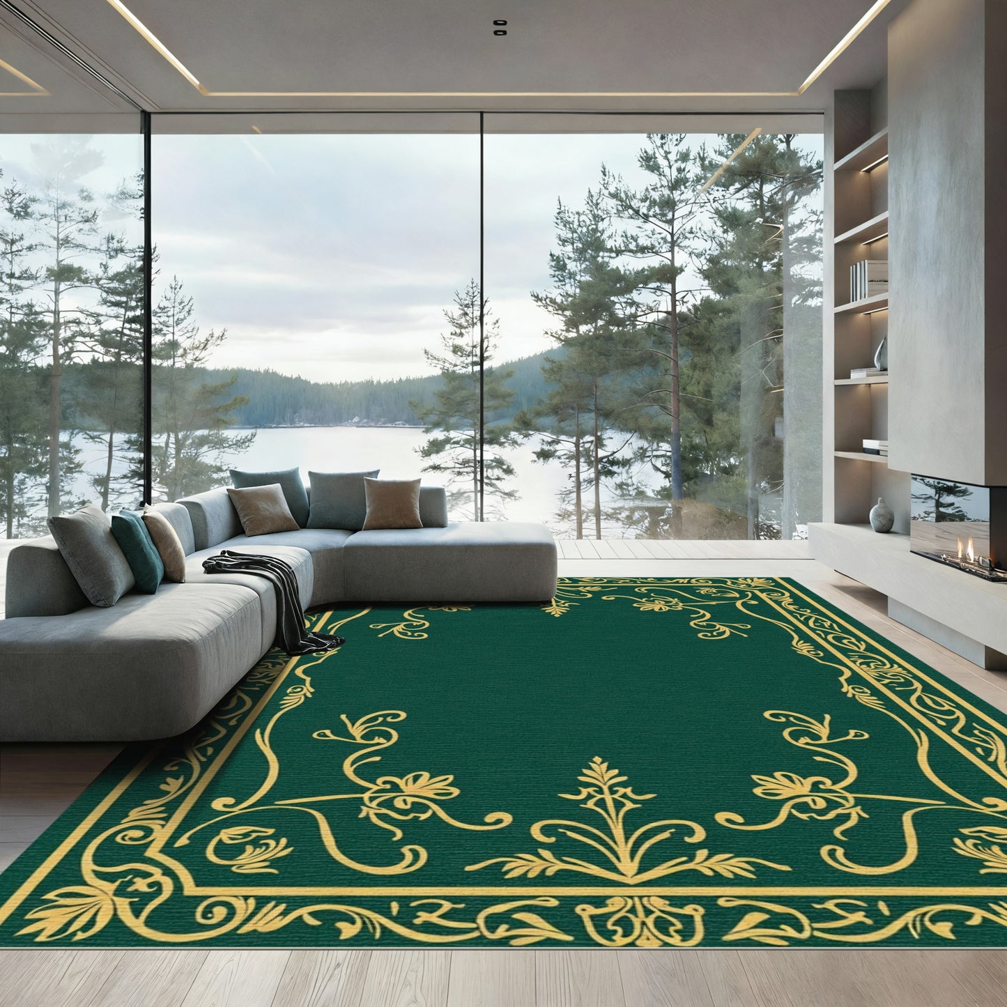 Emerald Gold Ornate Floral Scroll Rug
