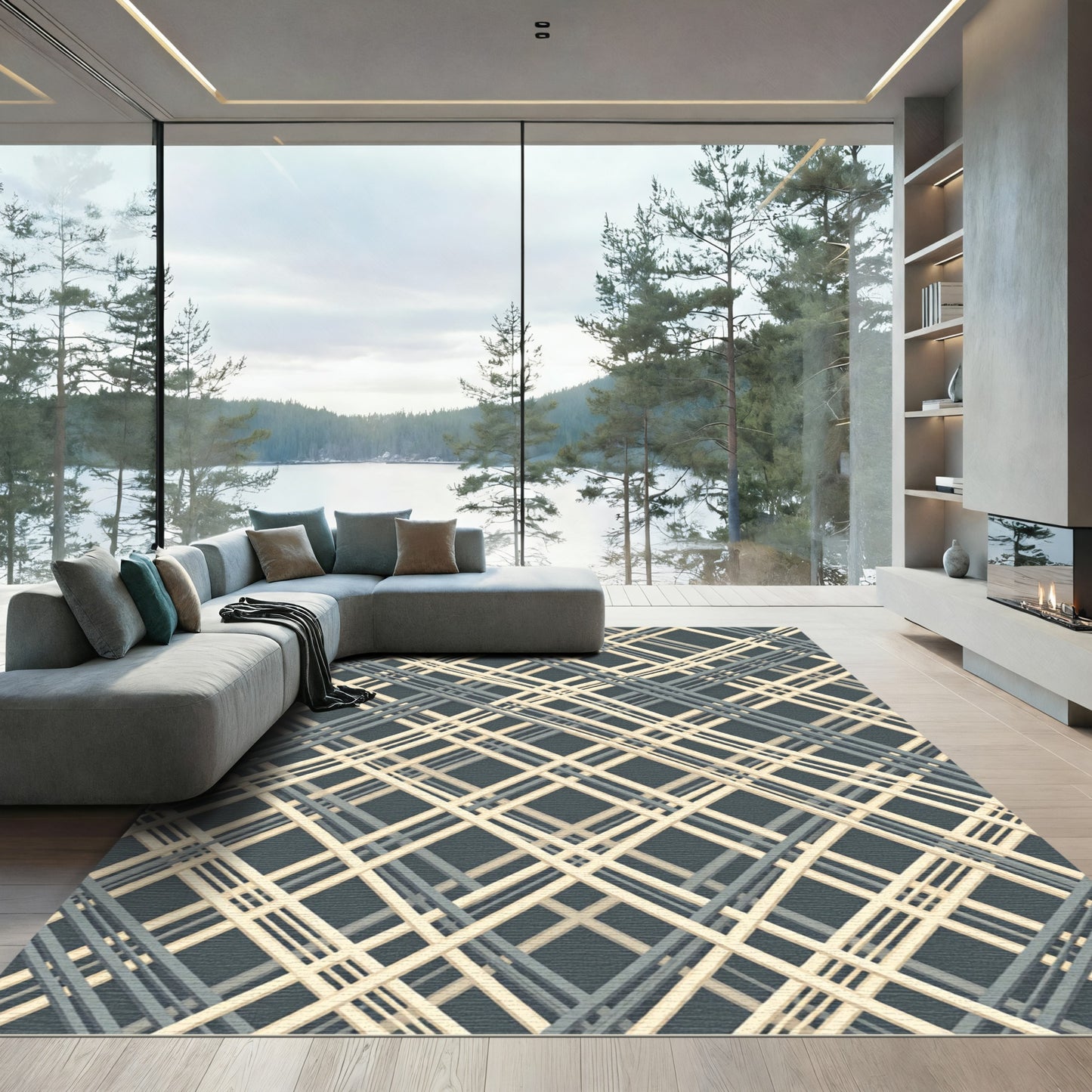 Subtle Grey Tan Intersecting Lines Rug