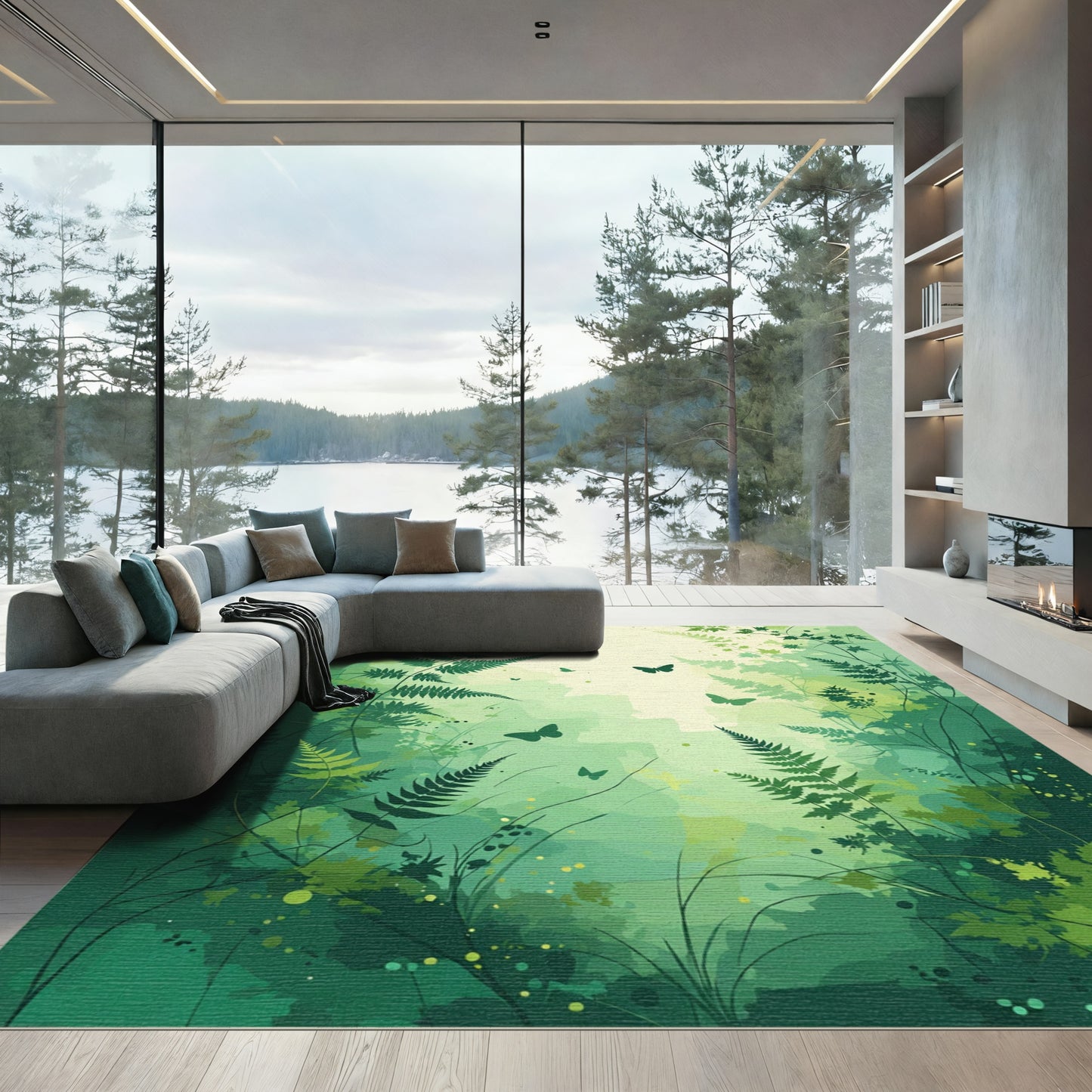 Lush Green Forest Fern Butterfly Scape Rug