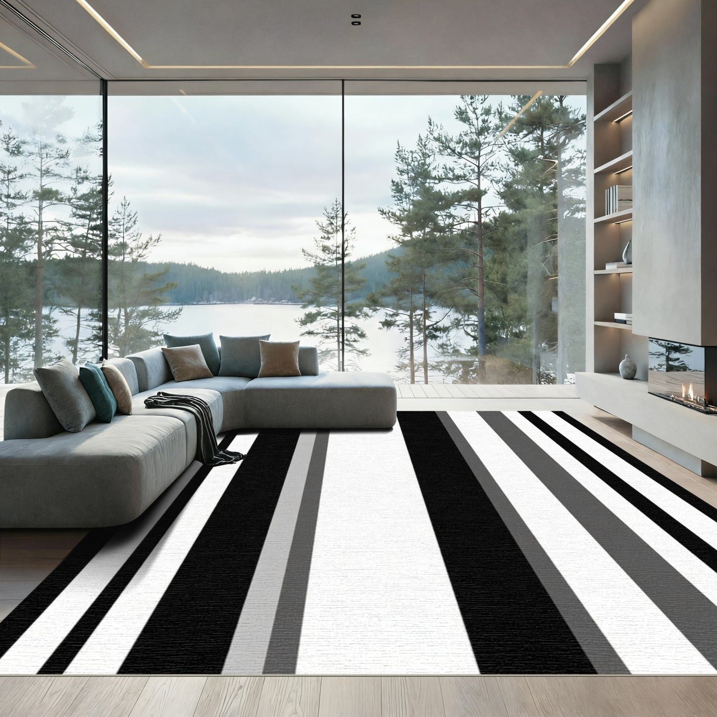 Modern Black White Gray Stripe Area Rug