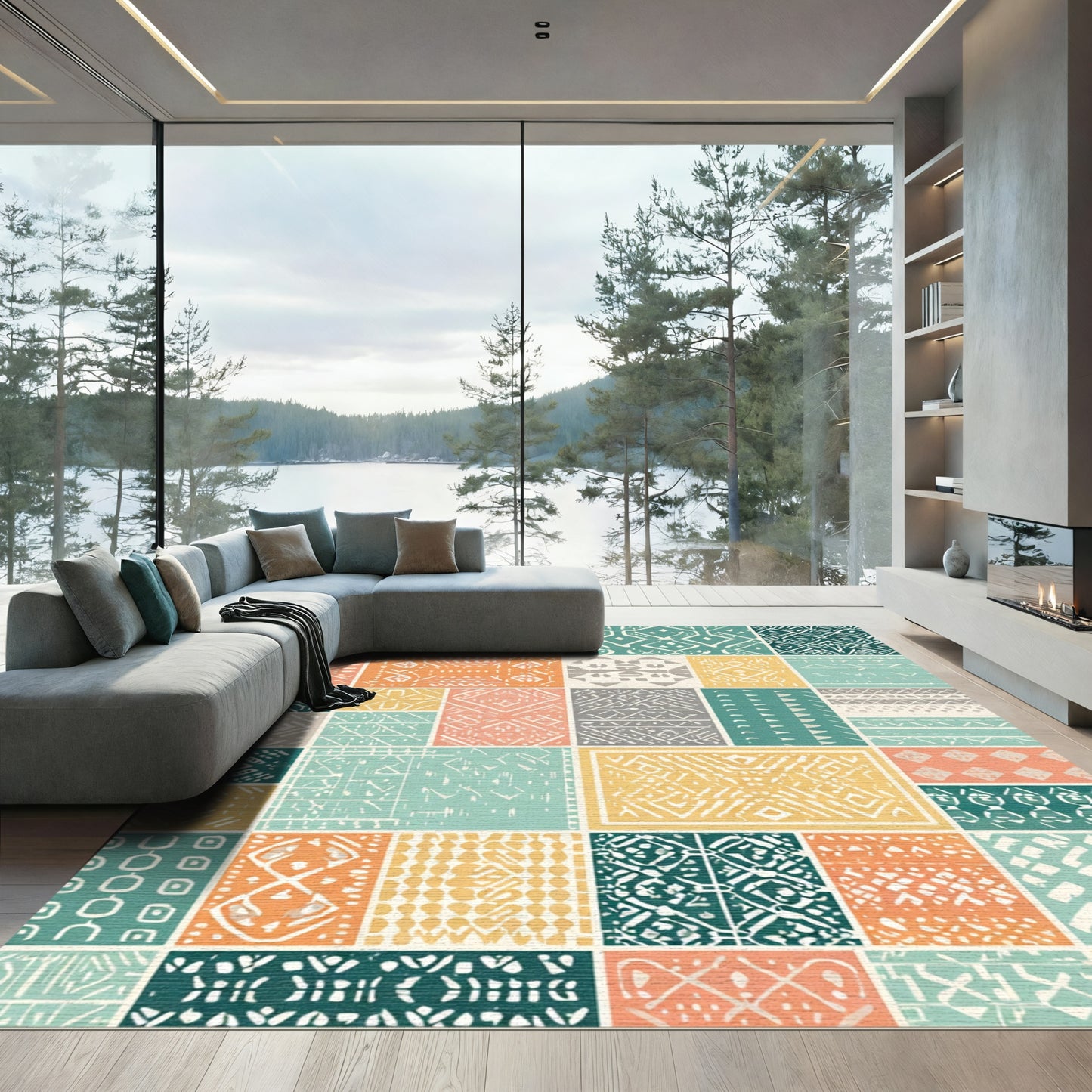 Patchwork Geometric Teal Orange Yellow Design Rug