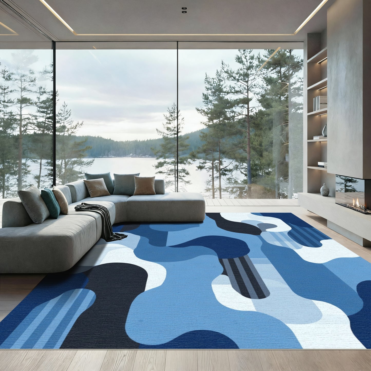 Deep Blue Abstract Organic Shapes Rug