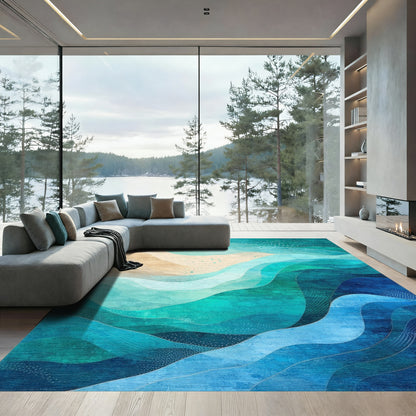 Teal Blue Abstract Wave Rug