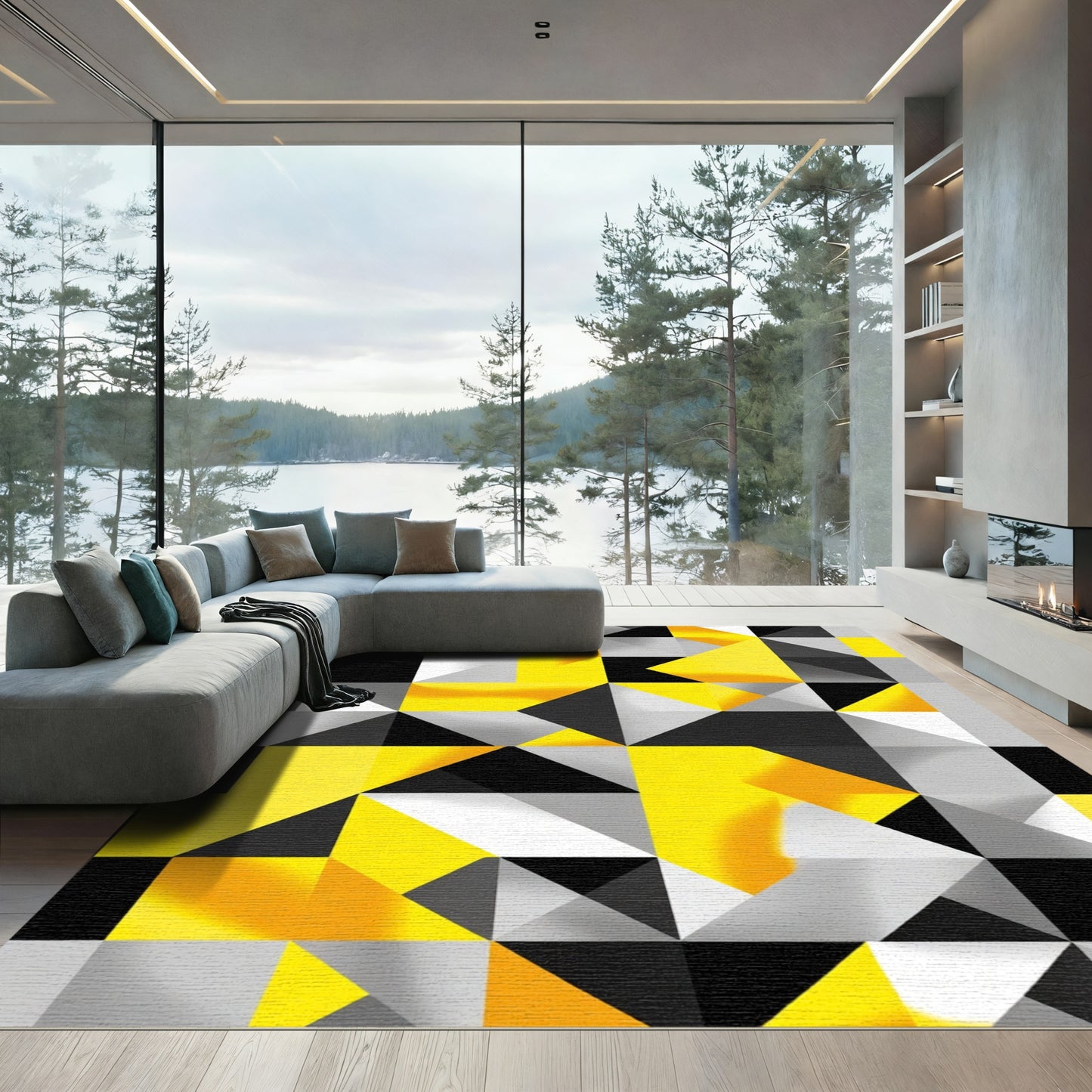 Dynamic Yellow Gray Triangles Rug