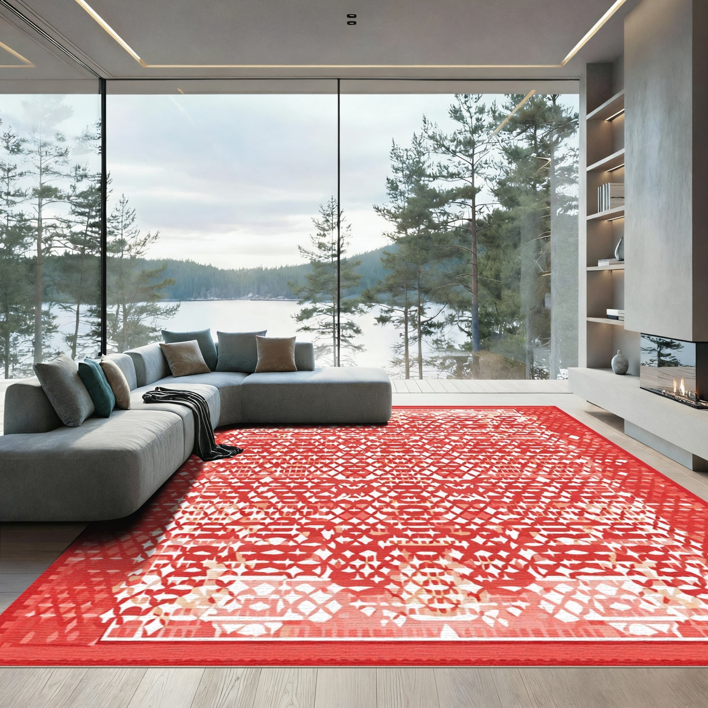 Crimson White Geometric Diamond Rug