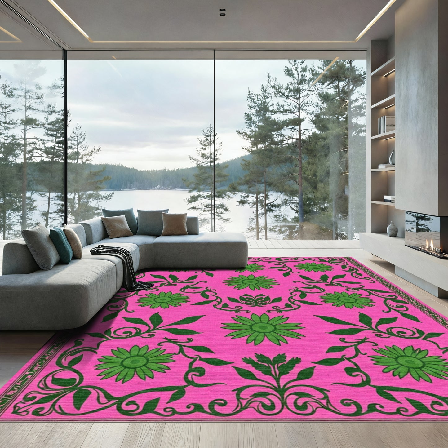 Hot Pink Green Floral Vine Art Rug