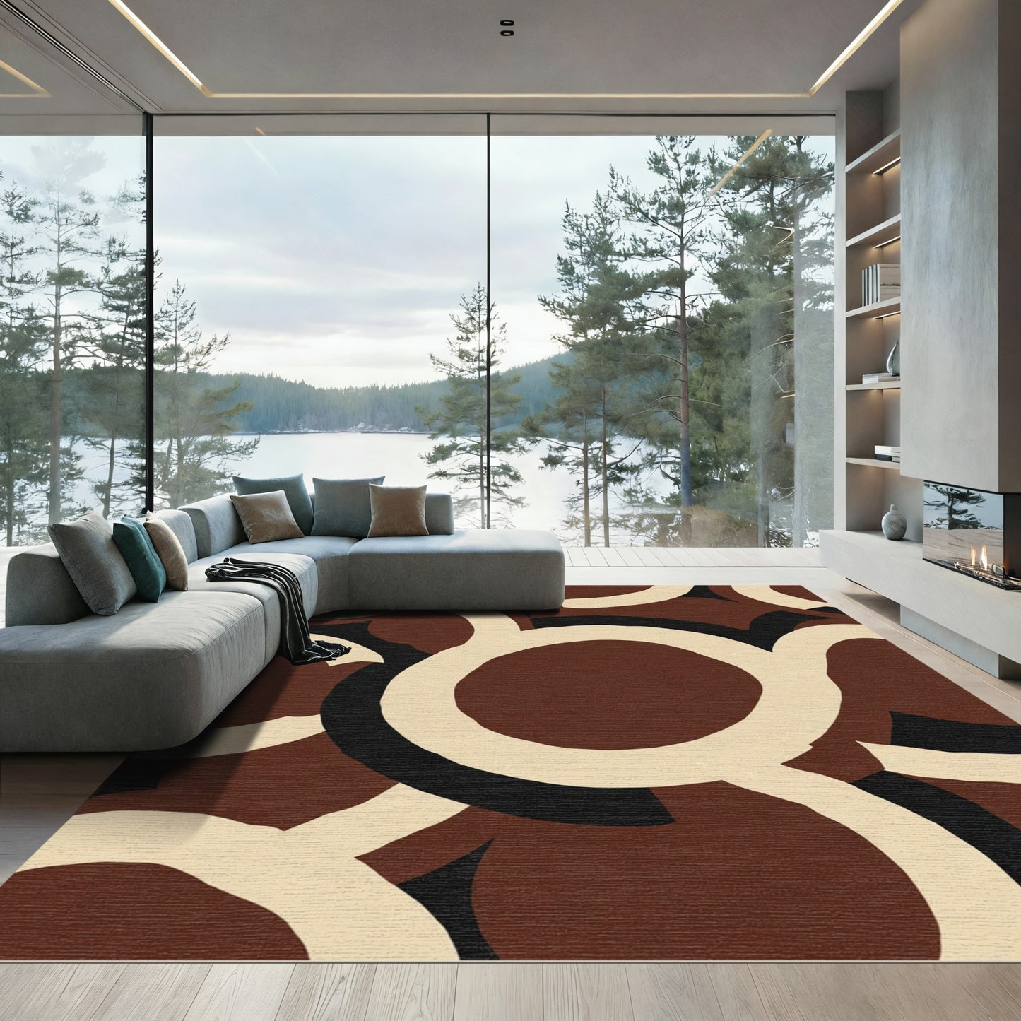 Brown Cream Black Overlapping Circles Rug