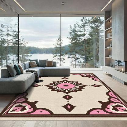 Brown Pink Floral Medallion Cream Rug