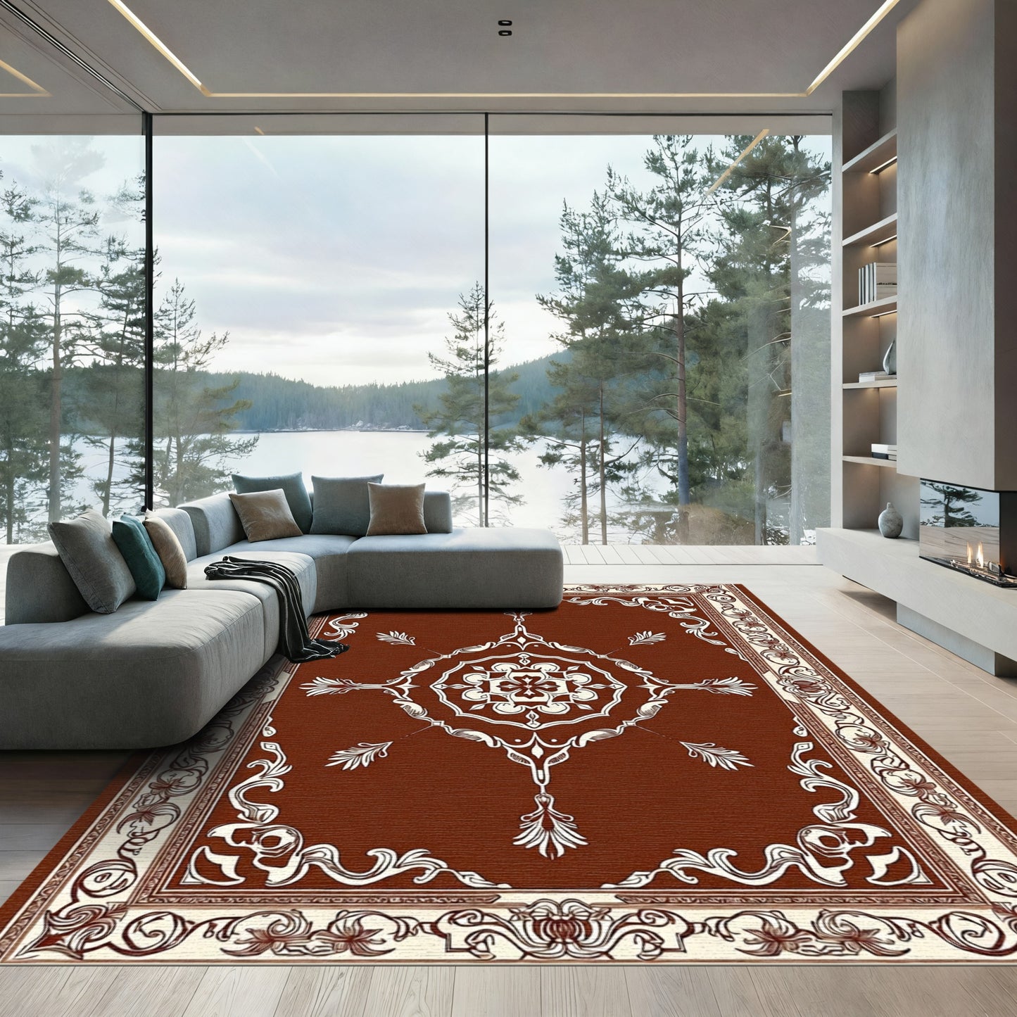 Rich Brown White Floral Medallion Rug