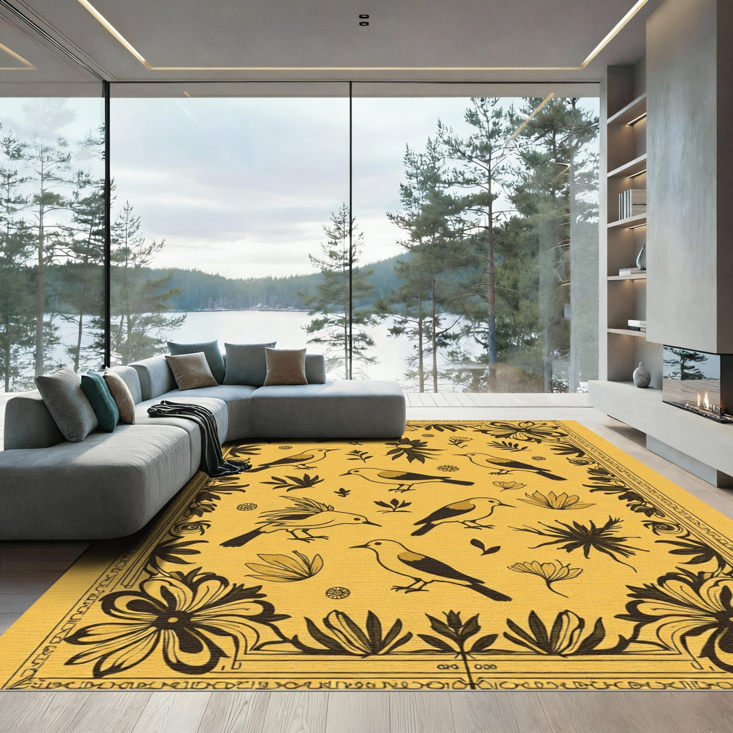Golden Yellow Bird Floral Whimsical Art Rug