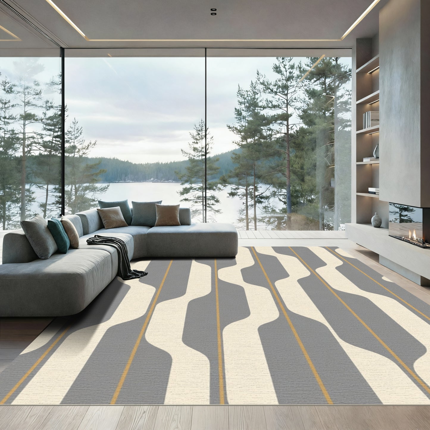 Gray Cream Yellow Wave Stripe Rug