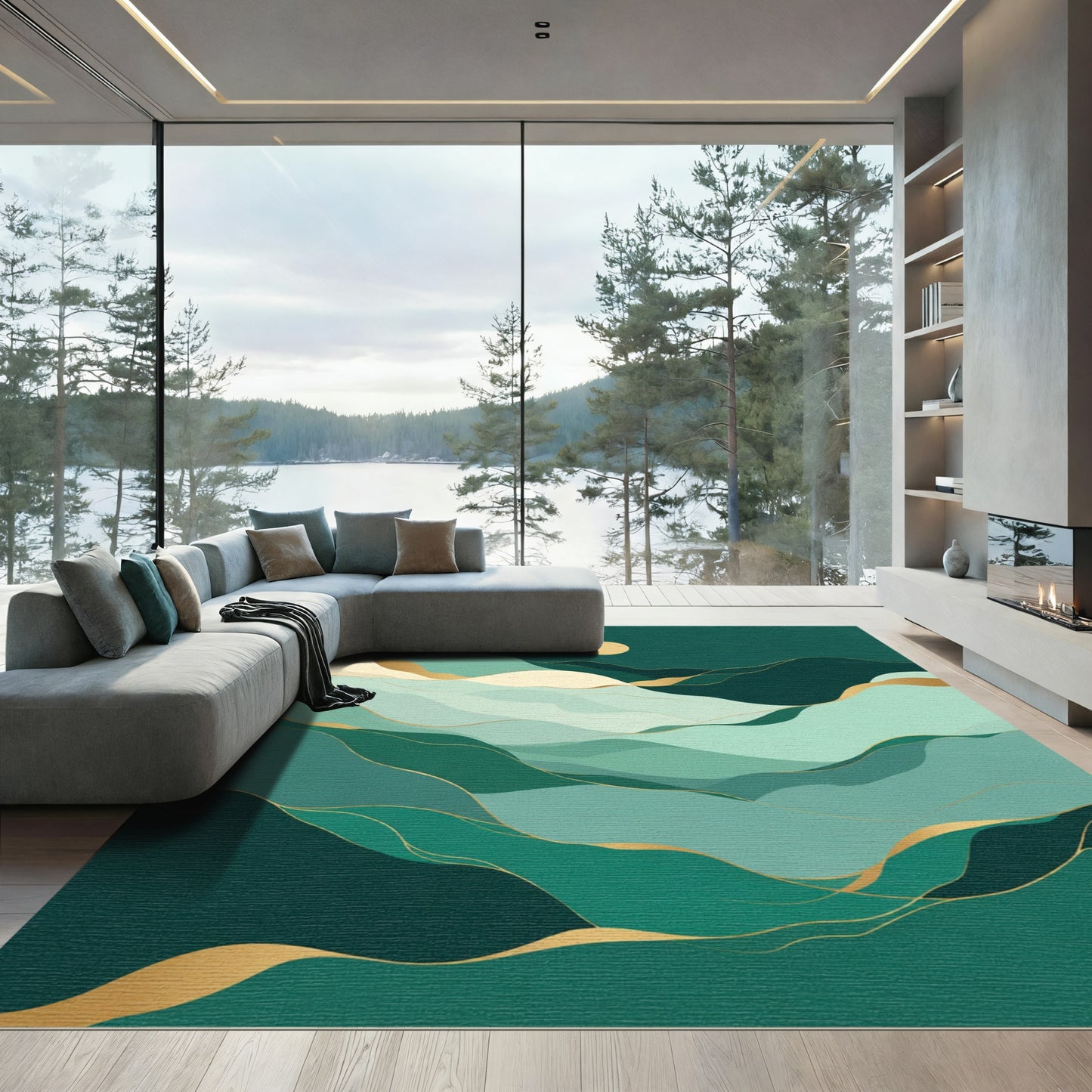 Emerald Green Wavy Landscape Gold Trim Rug