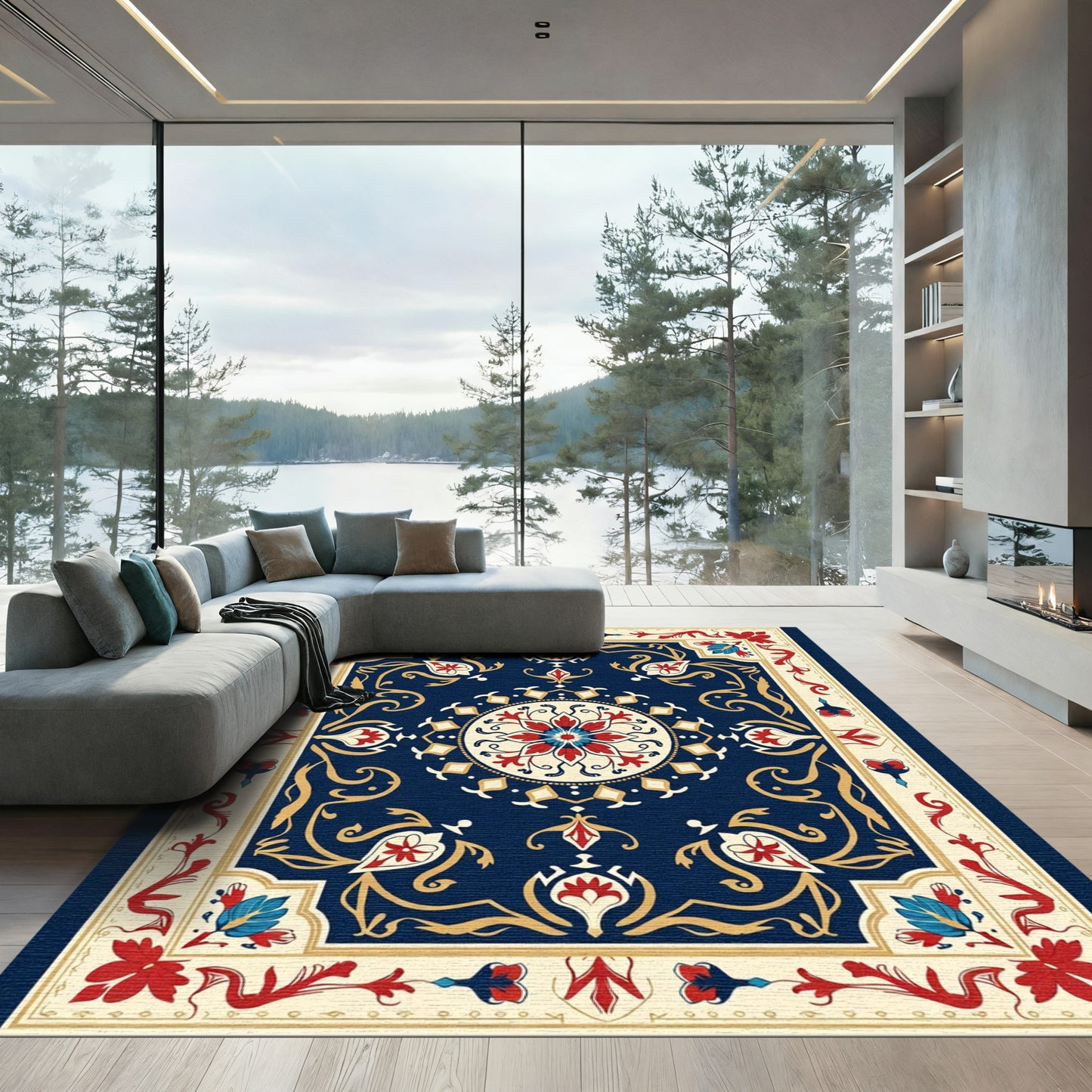Intricate Deep Blue Floral Medallion Rug