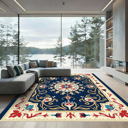 Intricate Deep Blue Floral Medallion Rug