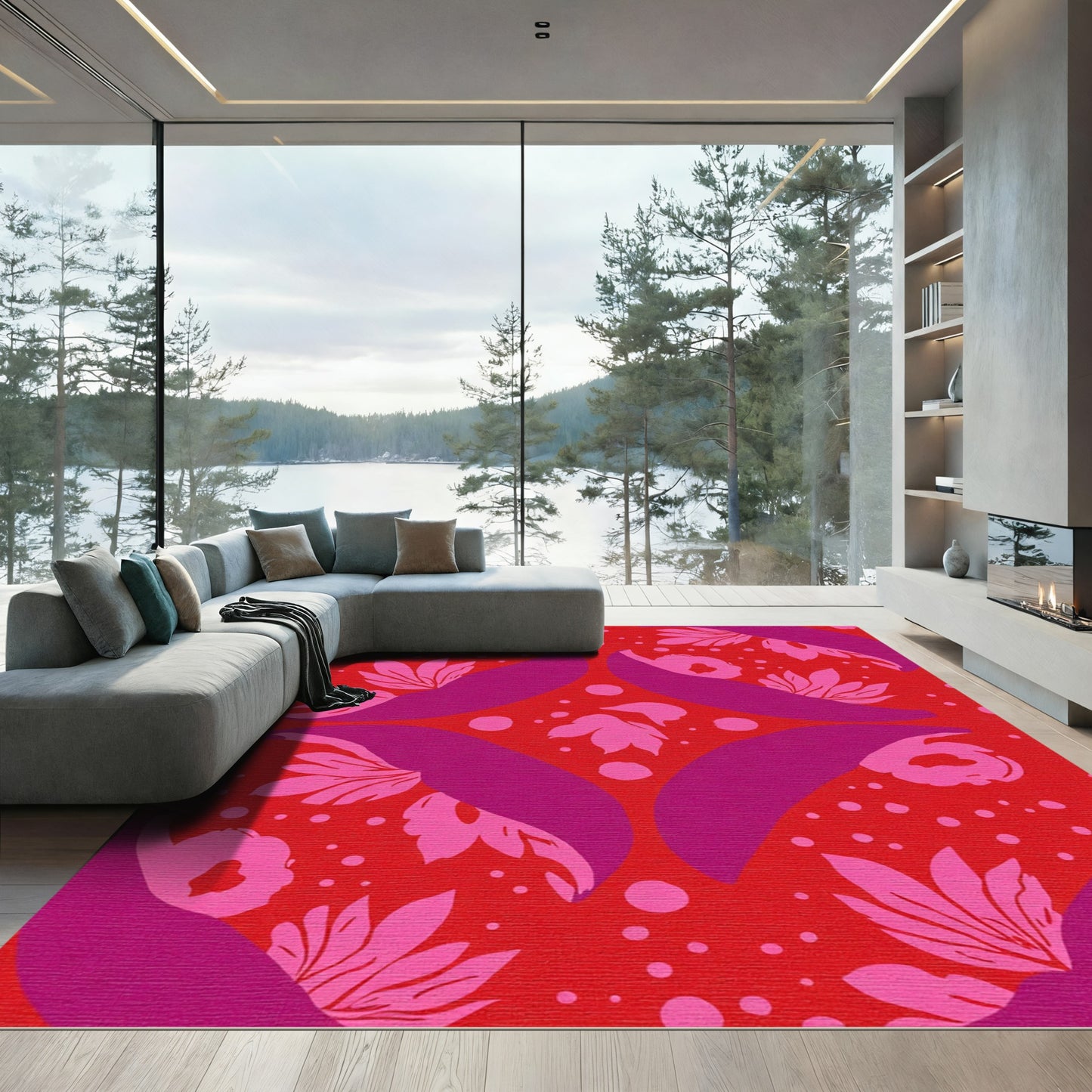 Bold Red Pink Floral Dot Medallion Rug