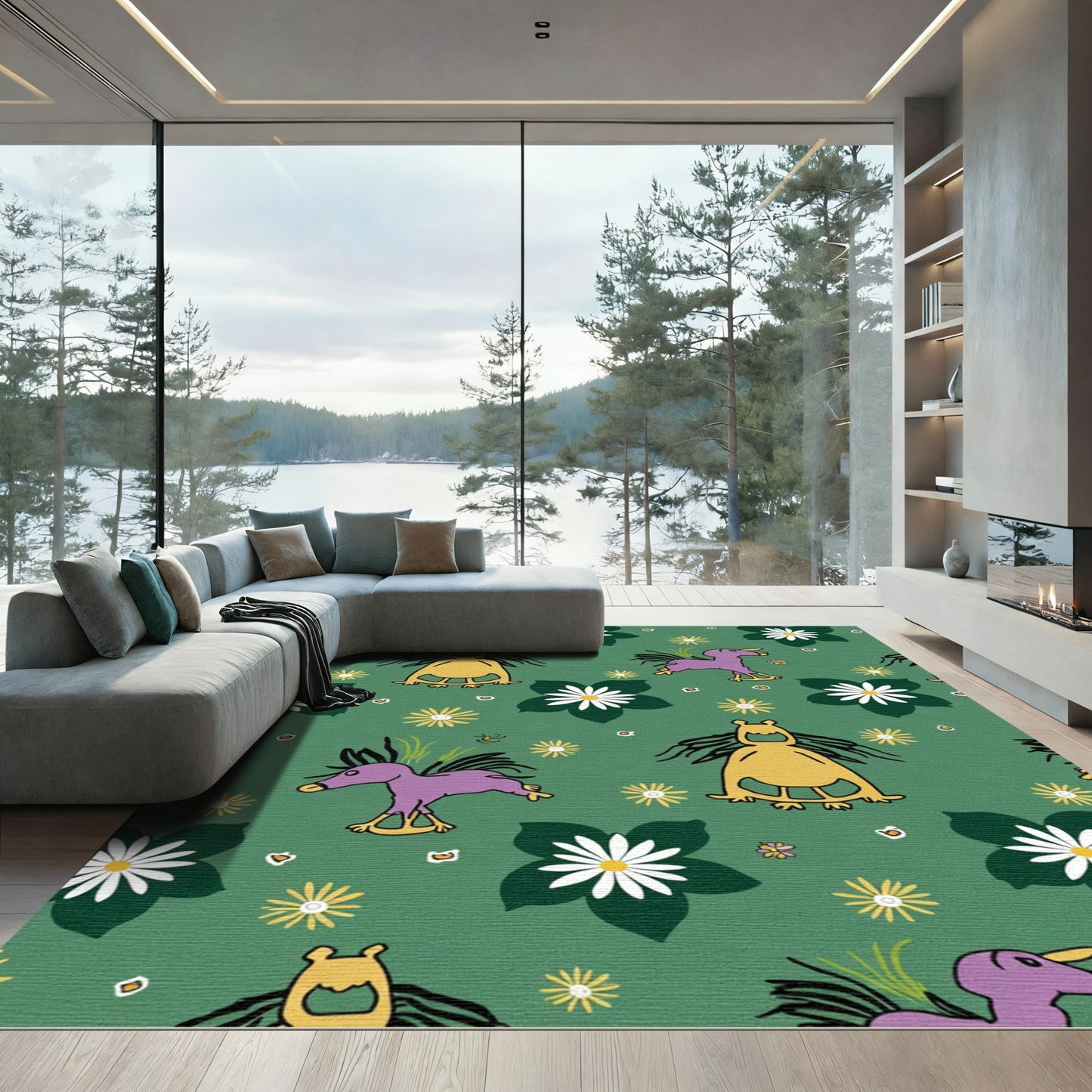Whimsical Purple Yellow Creatures Flowers Rug
