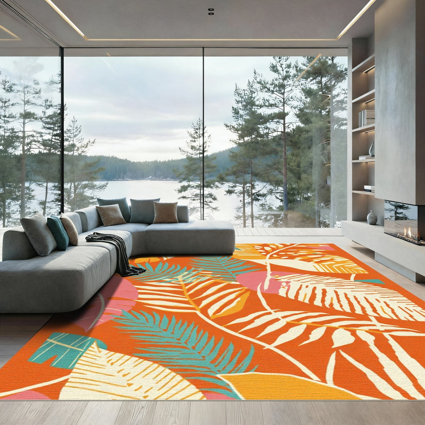 Vibrant Orange Tropical Leaf Collage Rug
