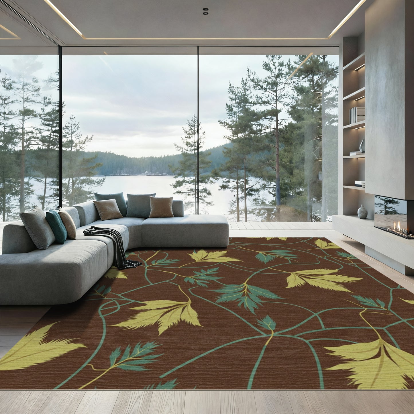 Brown Forest Green Leaf Vine Rug