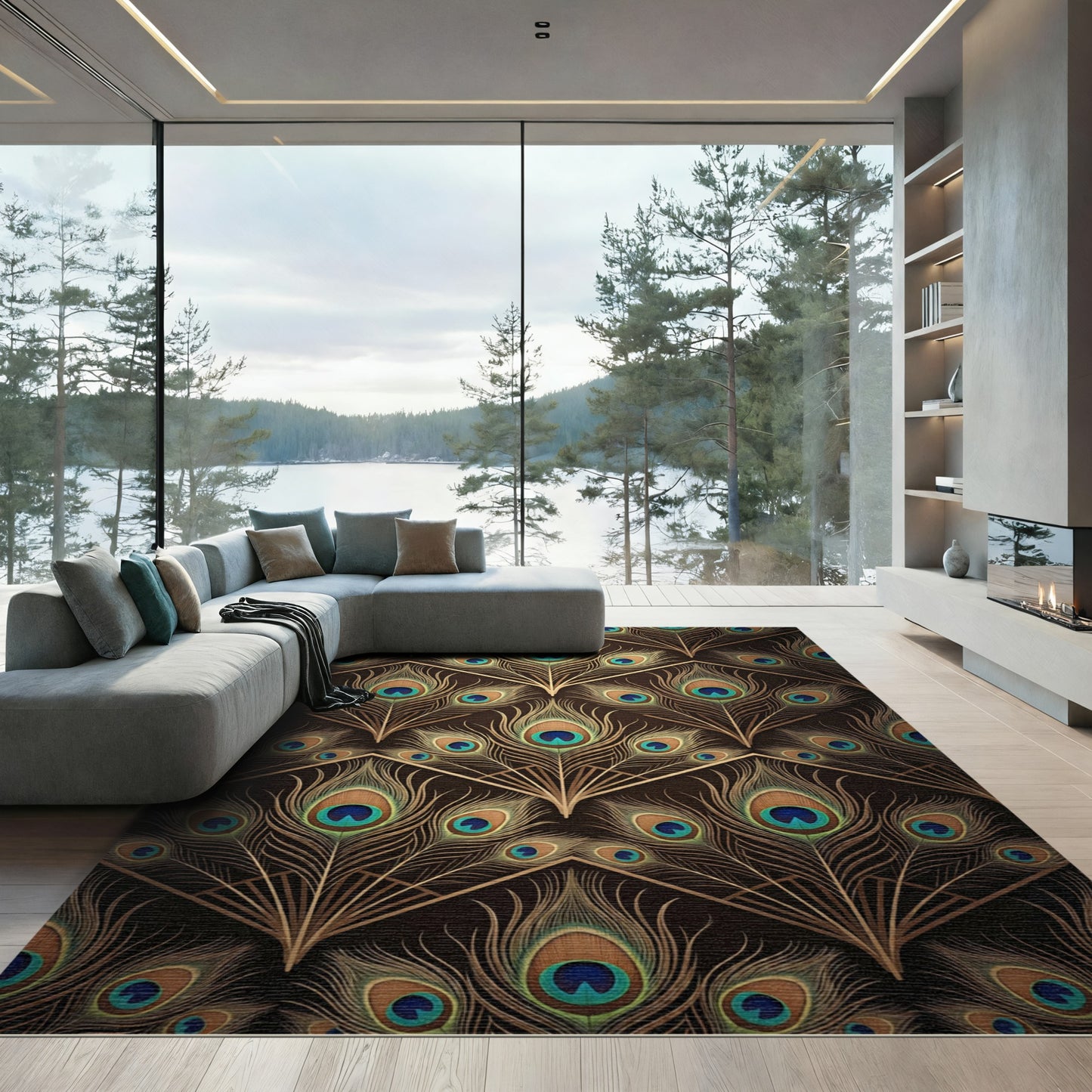 Elegant Black Peacock Feather Art Deco Rug