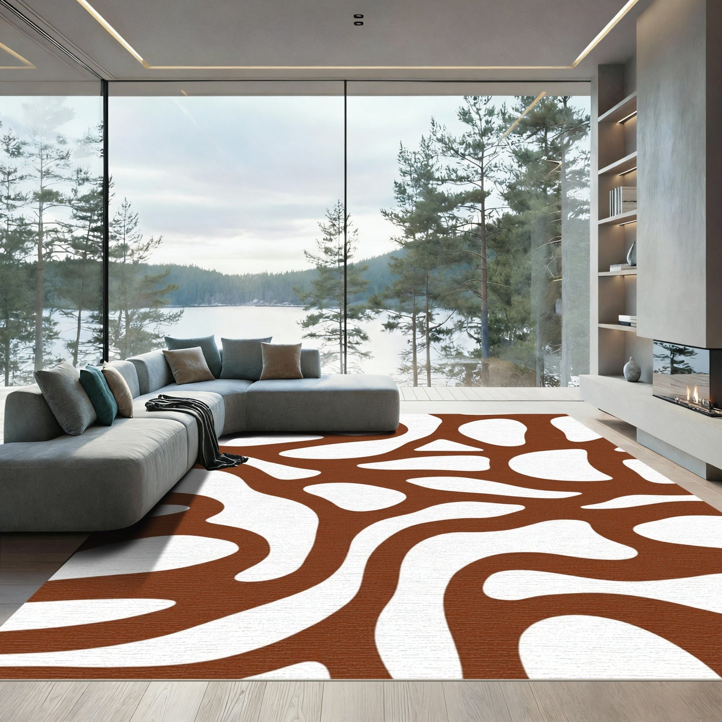 Brown White Organic Amoeba Shape Rug
