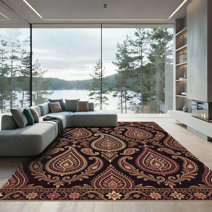 Ornate Crimson and Gold Paisley Swirls Rug